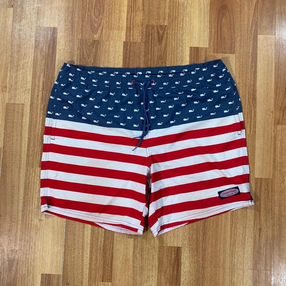 Vineyard Vines Swim Trunks Mens Medium Blue White Red USA Flag Beach Shorts